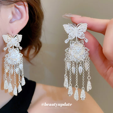 Silver Tone Butterfly Floral Chandelier Hook Earrings