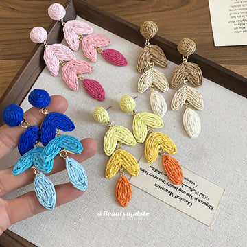 Woven Leaf Drop Earrings in Pink and Yellow Fashion Jewelry
