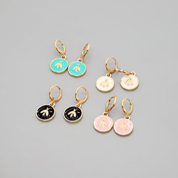 Gold Tone Enamel Bee Medallion Huggie Drop Earrings in Four Colors