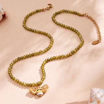Olive Green Bead Necklace With Gold Bee Pendant Enamel