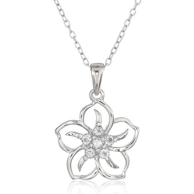 Silver five petal flower clear CZ pendant necklace white background