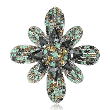Full Crystal Flower Brooch Mint Green Gray Stones Eight Petals