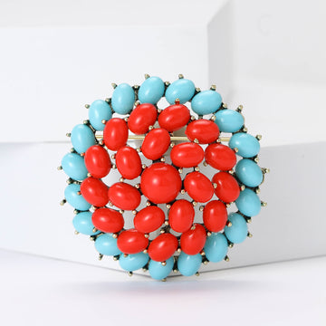 Red and Turquoise Round Cluster Brooch with Detailed Metal-tone Finish
