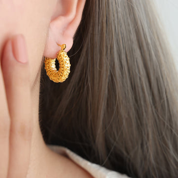 Woven Texture U Shape Hoop Earrings Gold Steel Finish