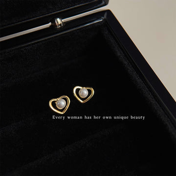 Gold Open Heart Stud Earrings with White Pearl Center