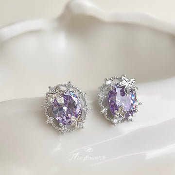 Silver Tone Pale Purple Oval Stone Floral Halo Stud Earrings