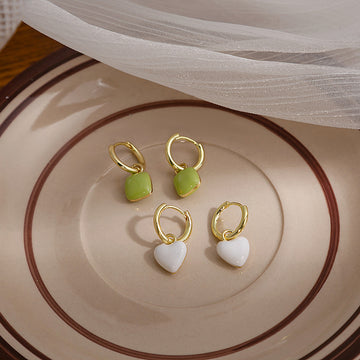 Gold Huggie Hoop Earrings Enamel Heart Square Charm Drop