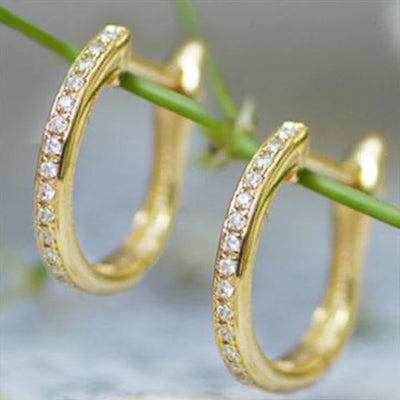 Product view showing open gold-tone hoops combining a smooth twist with a crystal-lined edge