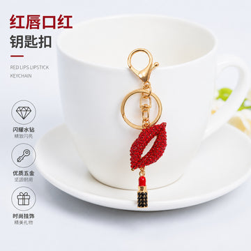Red Rhinestone Lips Lipstick Keychain Gold Metal Bag Charm
