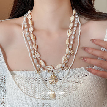 Layered Shell Pearl and Starfish Pendant Necklace Set