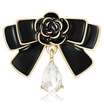 Black Rose and Bow Brooch With Clear Teardrop Crystal
