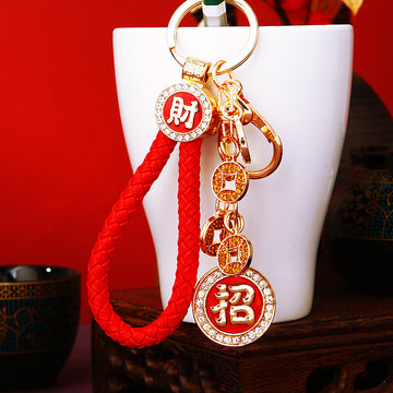 Crystal Five Coin Fortune Keychains with Cords and Loose Braided Loops