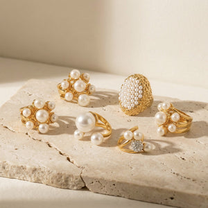 Oversized Pearl Cluster Statement Rings in Four Gold Tone Designs