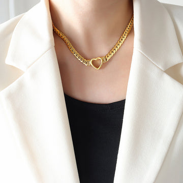 Cuban Link Heart Choker Necklace Gold Or Steel Finish