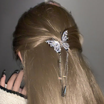 Silver Tone Crystal Butterfly Hair Clip With Two Chain Drops