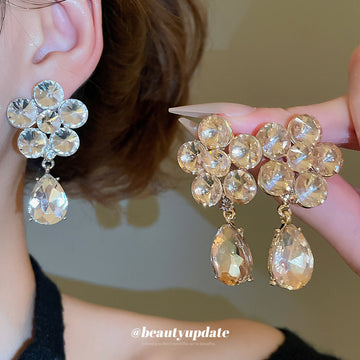 Crystal Flower Faceted Teardrop Stud Earrings Statement Pair