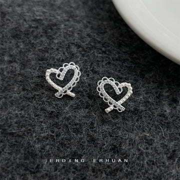 Silver Lace Open Heart Pearl Pavé Zircon Stud Earrings