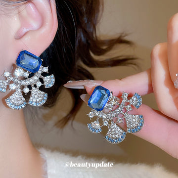 Blue Square Crystal Earrings with Clear Fan Shaped Dangles