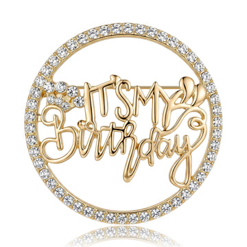 Crystal Happy Birthday Circle Brooch in Two Metal Tones
