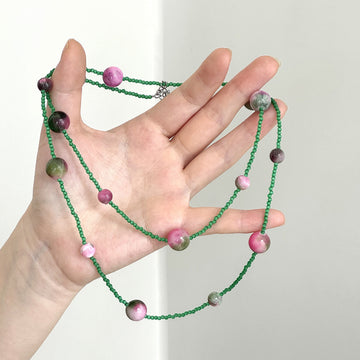 Green and Purple Beaded Double Strand Necklace Statement Jewelry