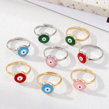 Gold and Silver Tone Round Enamel Evil Eye Adjustable Open Rings in Eight Colors