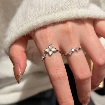 Mother Of Pearl Flower Clover Crystal Ring Two Piece Sets