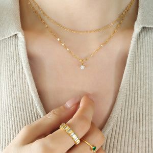 Gold Double Layer Necklace Oval Link Chain CZ Pendant