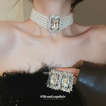 Clear Rectangle Crystal Halo Earrings And Five Row Pearl Like Necklace