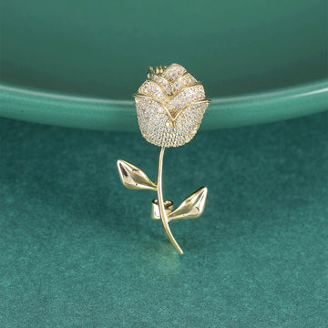 Long Stem Crystal Rose Brooch in Gold or Silver Tone