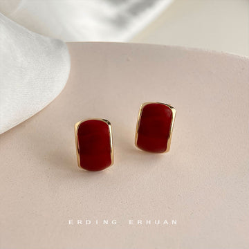 Wine Red Enamel Gold Frame Rectangle Stud Earrings