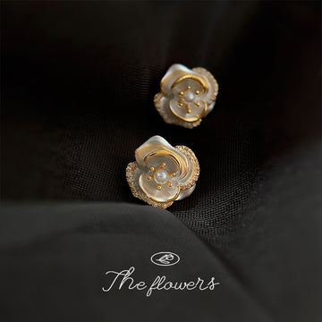 Pearl White Camellia with Pave Crystal Stud Earrings