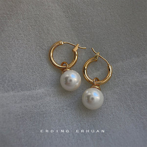 Gold Tone Round Hoop Earrings With Large White Pearl Drop Charms