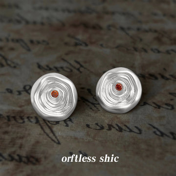 Matte Silver Swirl Disc Stud Earrings Amber Crystal Center