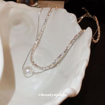 Silver Dual Layer Crushed Chain Pearl Drop Necklace
