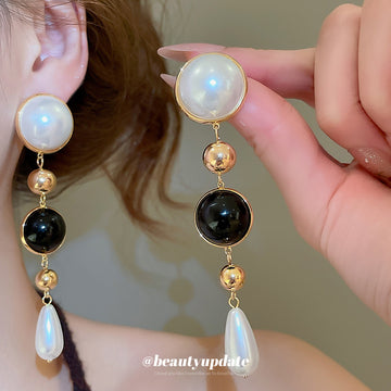 Black and White Beaded Pearl Teardrop Earrings Jewelry
