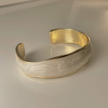 Gold Rim Wave Open Cuff Bracelets White Coffee Enamel