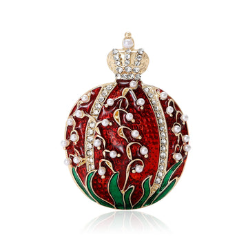 Red Enamel Pomegranate Brooch Crown Pearl Crystal Accents