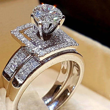 Square Center Stone Double Halo Ring Set With Clear Stone Accents