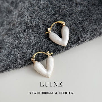 Gold Latch White Pearlescent Heart Hoop Earrings Pair