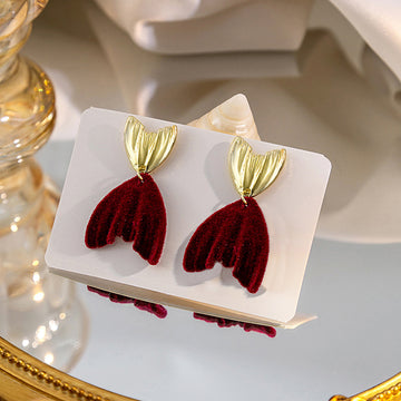 Gold Shell Stud Burgundy Velvet Petal Drop Earrings