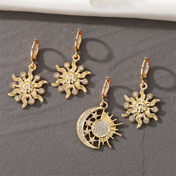 Gold Tone Crystal Sun and Moon Huggie Drop Earring Pairs
