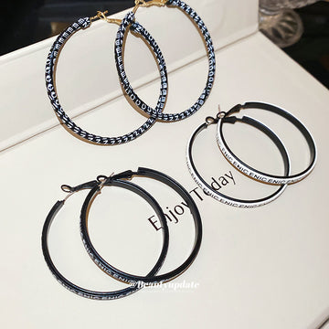 Black Hoop Earrings with White and Black Lettered Edges