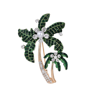 Green Silver Tone Flower Crystal Enamel Metal Brooch Pin