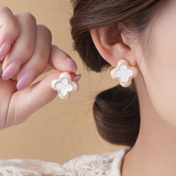 Pink and White Enamel Flower Stud Earrings in Gold Tone