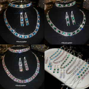 Silver Oval Rhinestone Necklace Choker Earring Four-Piece Sets