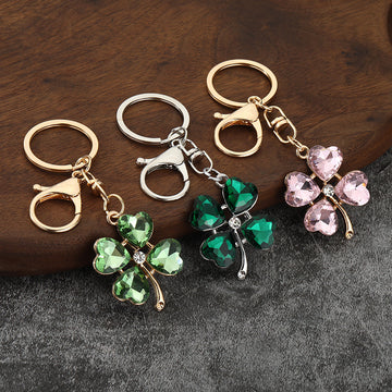 Faceted Heart Four Leaf Clover Keychain With Lobster Clasp