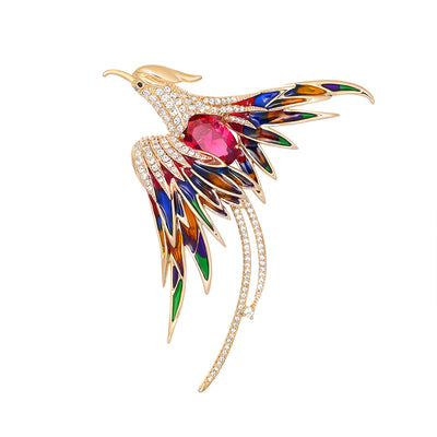 Front product view of the phoenix brooch pin in gold and red