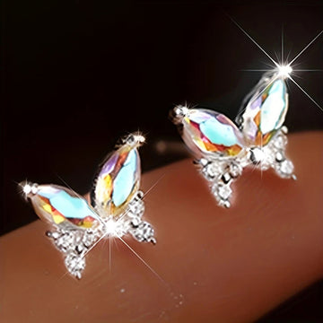 Silver AB Iridescent Butterfly Crystal Stud Earrings