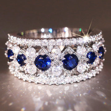 White Gold Blue Sapphire Round Pavé Crystal Band Ring 6-10