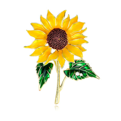 Front product view of the sunflower brooch pin in yellow and gold